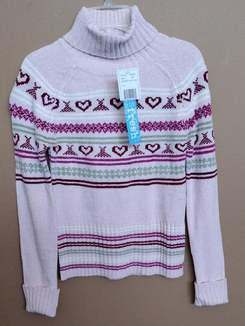 Girl's s Light Pink Turtleneck Sweater with Fair Isle Pattern